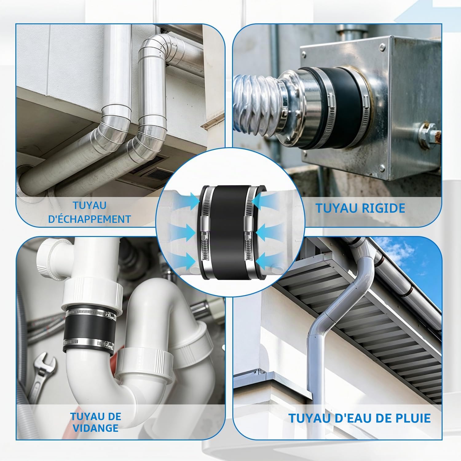 Manchon de Raccordement Flexible 2 Pièces Manchon Caoutchouc 100mm | avec Double Collier Acier Inoxydable Étanchéité Anti-Fuite Adaptateur Universel pour Drainage Ventilation et Réparation DIY