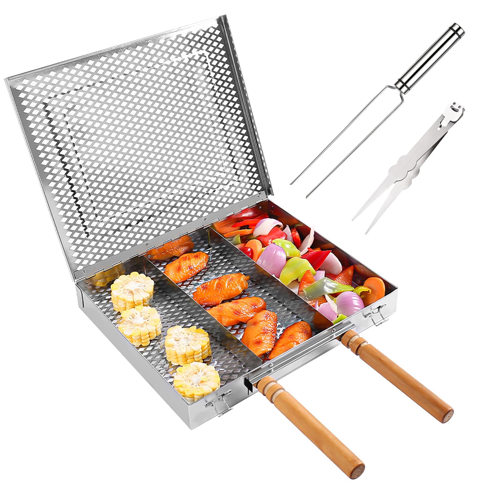 Cesta plegable para parrilla con malla fina y asas ajustables para pescado y verduras