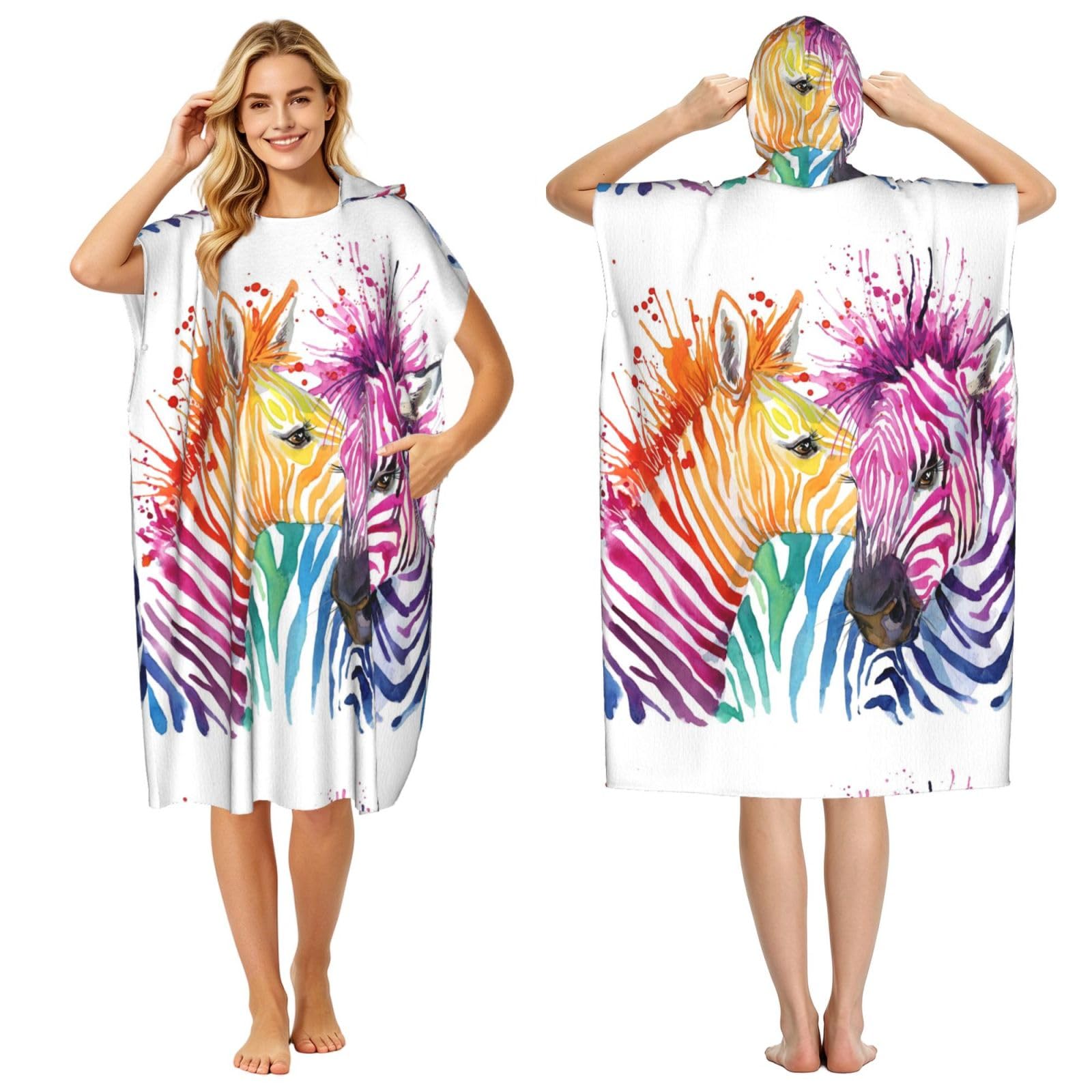 Poadnly Rainbow Zebra, Adult Hooded Beach Towel 90 x 110 cm,Changing Bath Robe, Surf Poncho Towel For Women Men