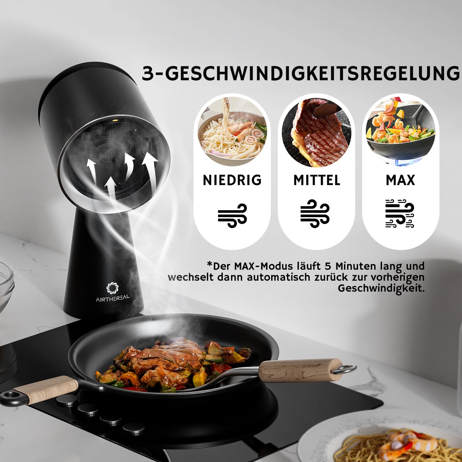 Hotte aspirante de table rechargeable Airthereal, hotte portable avec batterie, 3 vitesses de ventilation et grand réservoir à huile, hotte de cuisine mobile améliorée pour camping-cars – RH180B Noir
