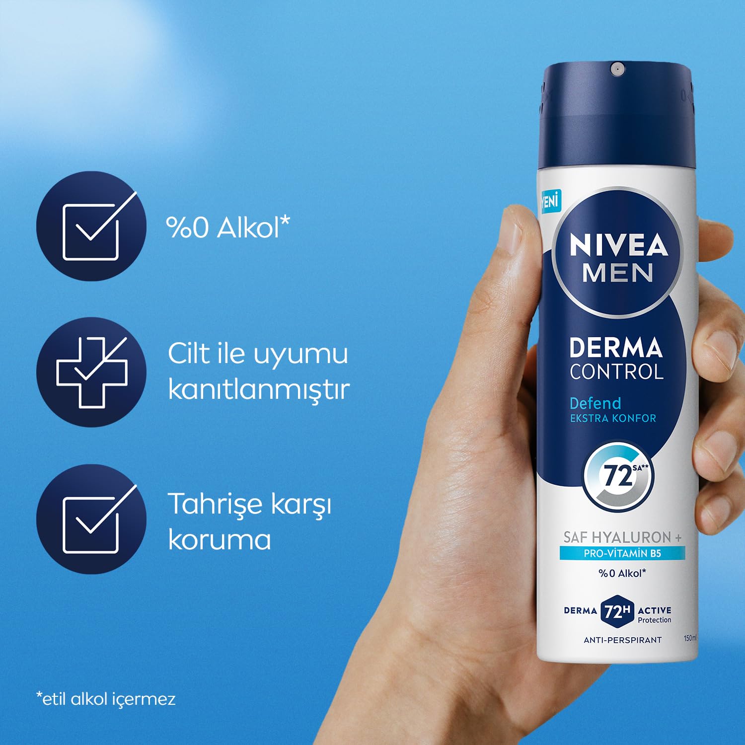 NIVEA MEN Erkek Sprey Deodorant Derma Control Defend 150 ml, 72 Saat Anti Perspirant Koruma, Tahrişe Karşı Koruma,Hyaluronik Asit, Pro Vitamin B5,Alkolsüz Formül