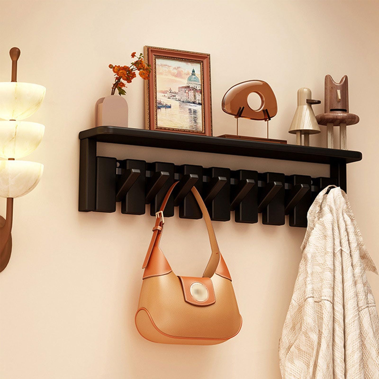 Perchero De Pared De Madera Con Estante Y Ganchos Plegables Para La Entrada