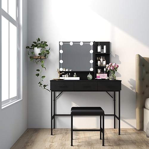 Miniatura 10 de Mesa de tocador con espejo iluminado, 3 cajones, escritorio de maquillaje con mucho almacenamiento, juego de tocador con taburete acolchado más