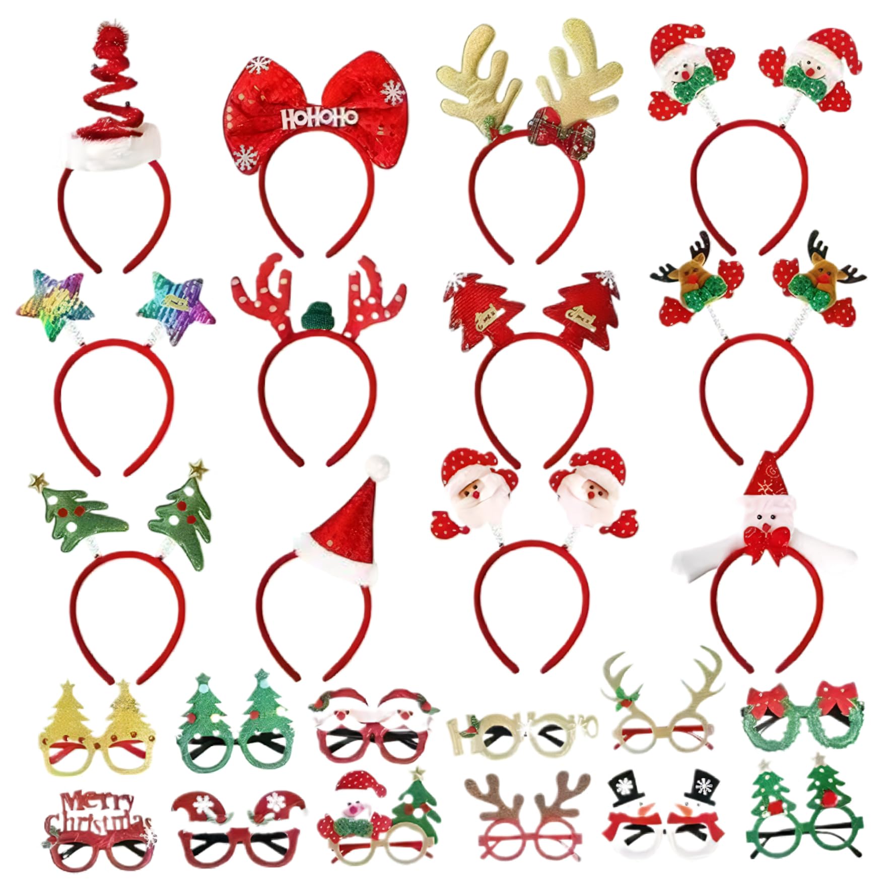 BEAHING Set of 24 Glitter Christmas Headbands, Holiday Cool Christmas Glasses with Headbands, Party Supplies Hair Accessories