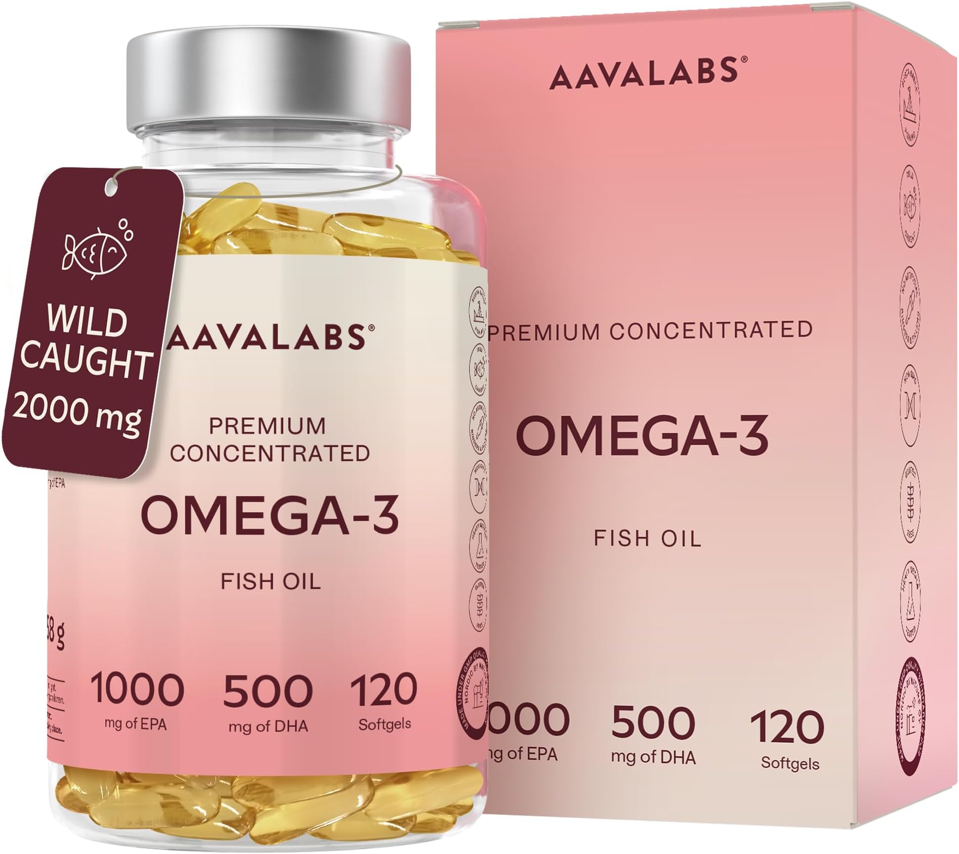 Omega 3 Fish Oil 2000mg per Daily dose (2 softgels) - 1000mg EPA + 500 mg DHA per dose - High Strength Omega 3 Fatty Acids Supplements - Molecularly Distilled - 120 Capsules - 60 Days Supply