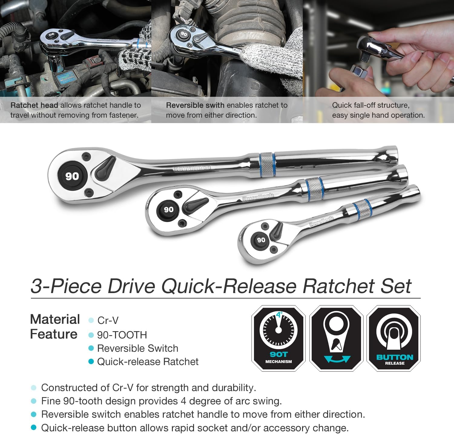 DURATECH 3-Piece Drive Ratchet, 1/4", 3/8", 1/2" 90-Tooth Quick-release Ratchet Wrench, Reversible, Cr-V Made, Full Polished, Mens Stocking Stuffers Gifts for Men Gifts for Women