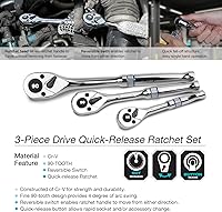 Vista 3 de DURATECH Trinquete de 3 piezas, 1/4 pulgadas, 3/8 pulgadas, 1/2 pulgada 90 dientes de liberación rápida, reversible, hecho en Cr-V, pulido completo