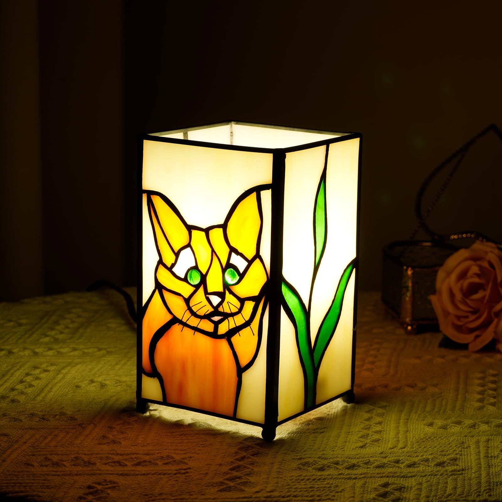 KIPHEPI Tiffany Lamp Stained Glass lamp Small Bedside Table Lamps for Living Room Home Decor,Girls Women Birthday Christmas Thanksgiving Day Gift,Cat