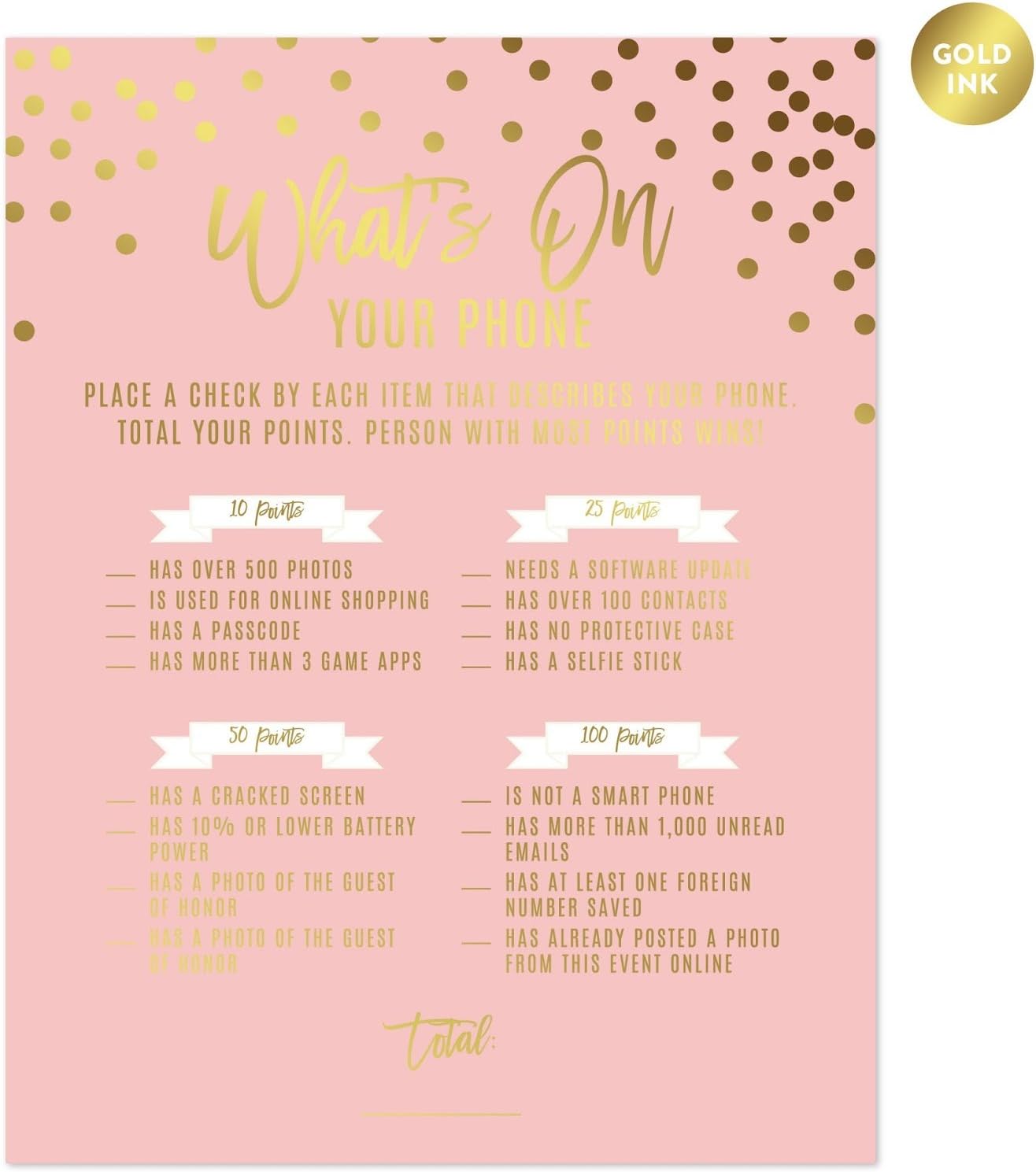 Andaz Press Blush Pink and Metallic Gold Confetti Polka Dots Baby Shower Party Collection, What's on Your Phone? Game Cards, 20-Pack, Games Activities and Decorations
