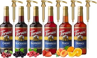 Torani Fruit Syrup 6-Pack with Pumps: Strawberry, Peach, Raspberry, Blackberry, Orange, Cherry - 25.4oz Natural Flavoring for Cocktails & Mocktails