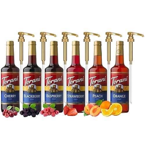 Torani Variedad de jarabe de fruta, paquete de 6, sabor a fresa, melocotón, frambuesa, mora, naranja y cereza para bebidas, bombas incluidas, 25.4