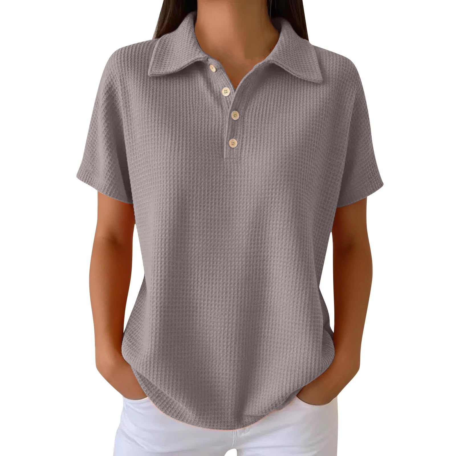 Polo d'été en tricot gaufré à manches courtes et col à revers boutonné pour femme, grande taille, décontracté, coupe ample, chemisier texturé