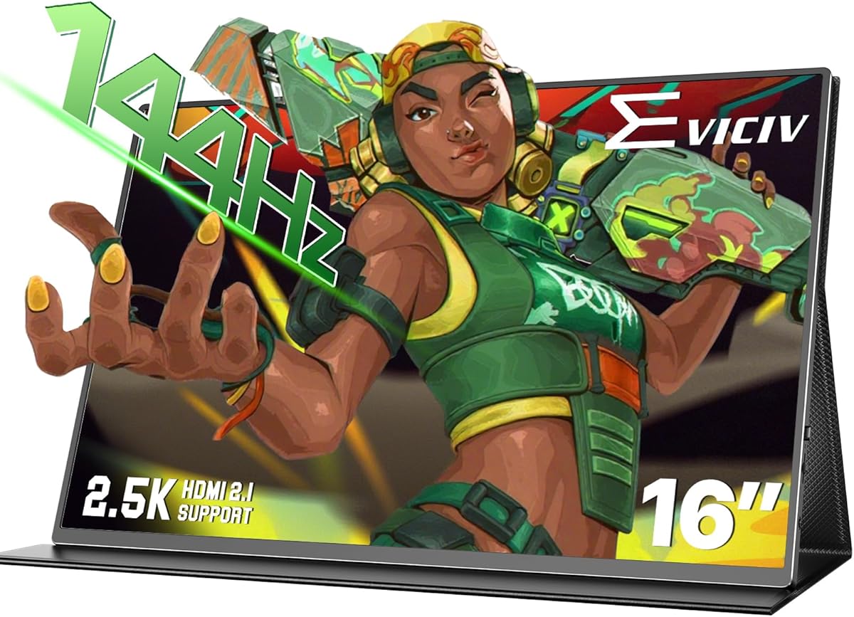 EVICIV 2.5K 144HZ Portable Monitor, 16" QLED Gaming Monitor, IPS Travel Portable Screen w/VESA & Smart Cover, USB-C Mini HDMI External Screen Compatible with PS3/4/5/Xbox/Switch/Laptop/PC/Phone