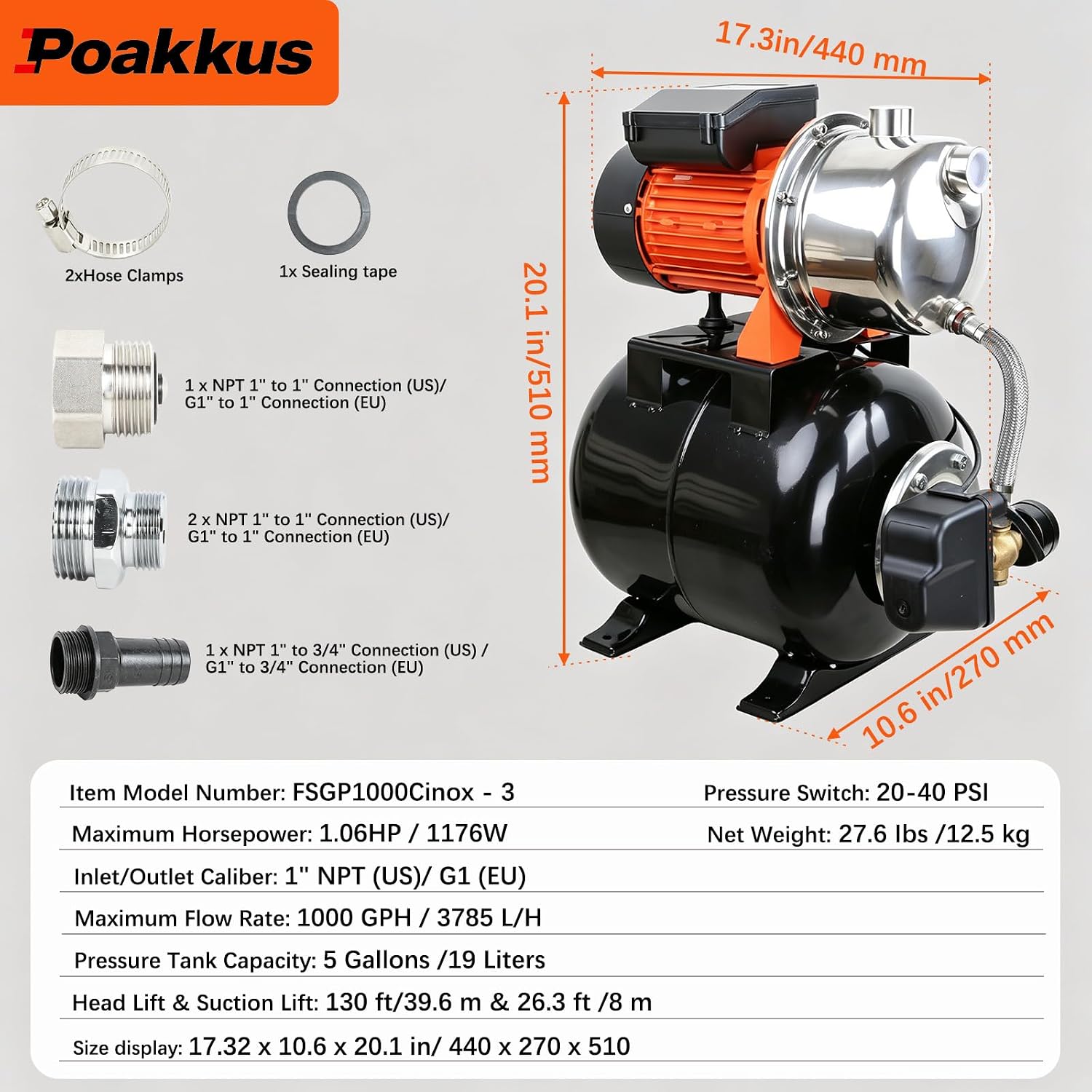 1 HP Shallow Well Pump with Pressure Tank, 1000 GPH, Automatic Irrigation Water Booster Pump with 130 ft Head Lift 20/40 PSI Pressure Switch 304 Stainless Steel Pump Head for Home Garden Lawn