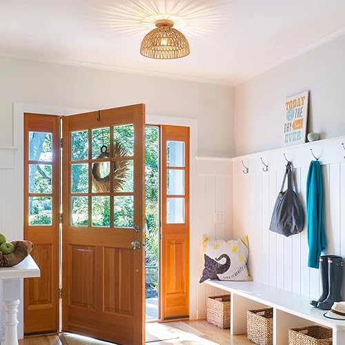 Miniatura 2 de Lámpara de ratán estilo bohemio, lámpara de techo de ratán empotrada, lámpara de techo tejida pequeña de madera, candelabro de ratán