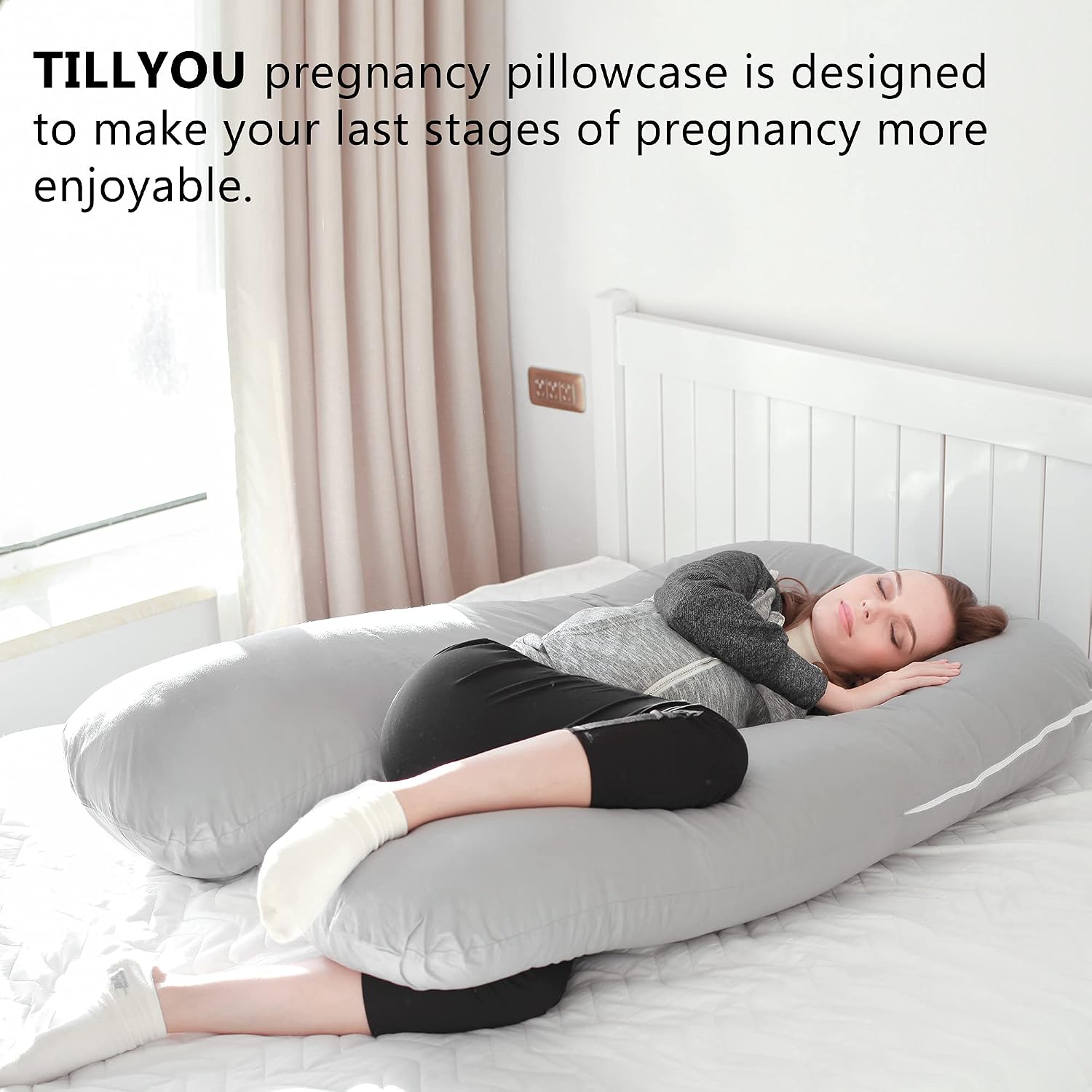 TILLYOU Pregnancy Pillow Cover with Large Zipper, U Shaped Full Body Pillow Case for Maternity Sized 55“x31”, Breathable Lightweight and Ultra Soft Pillowcase for Pregnancy, Charcoal Gray