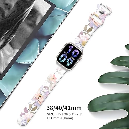 Compatible with iWatch Band 38mm 40mm 41mm for Women Men, Soft Silicone Waterproof Replacement Strap for iWatch Ultra SE & Series 10/9/8/7/6/5/4/3/2/1(Cute Floral,38/40/41mm)
