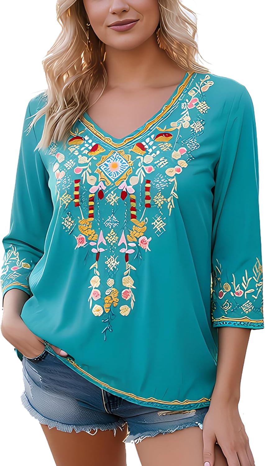 Higustar Mexican Tops for Women Embroidered Shirts Bohemian Hippie Clothes Tunic Fiesta Plus Size Boho Peasant Blouses