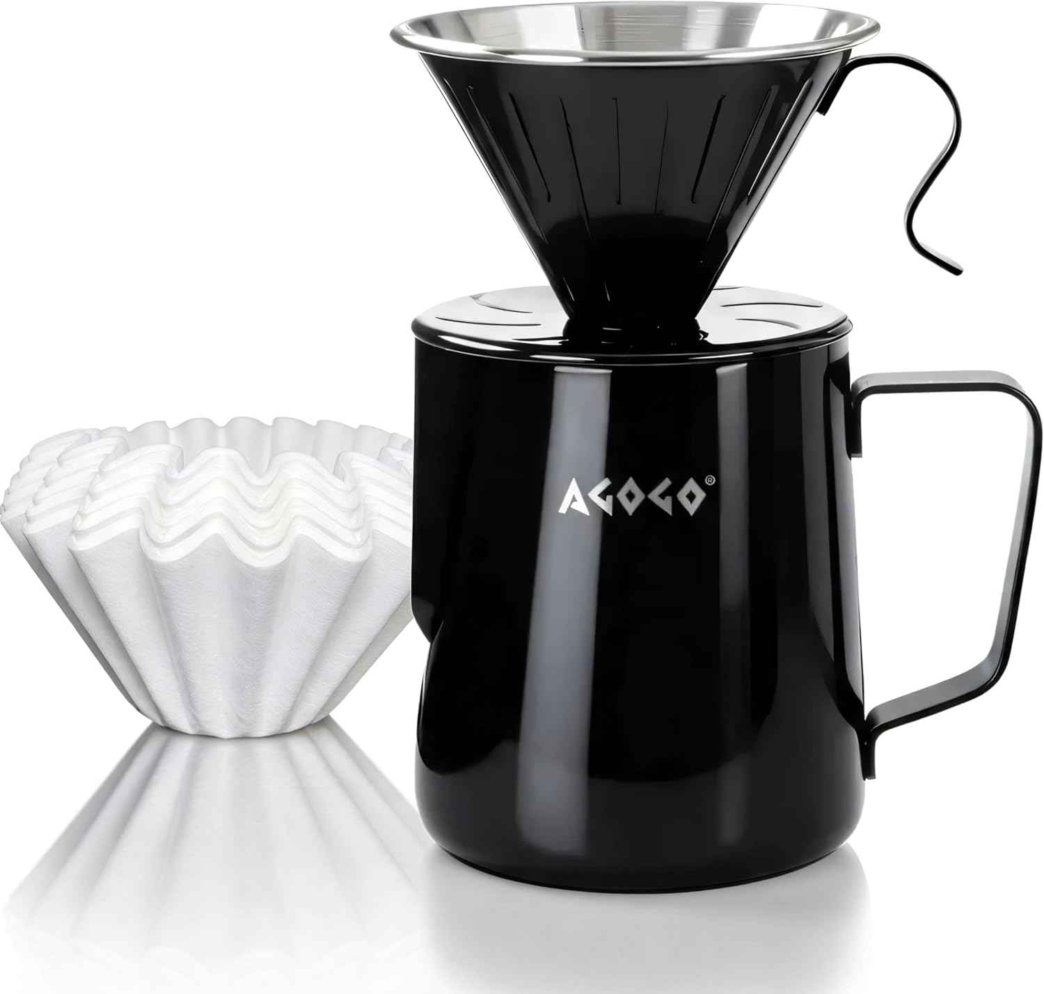 AGOGO Portable Pour Over Coffee Maker V60 Set - Easy Cleaning Compact 304 Stainless Steel Dripper for Camping & 50 Filters Paper & Barista Towel Black 20oz/600ml