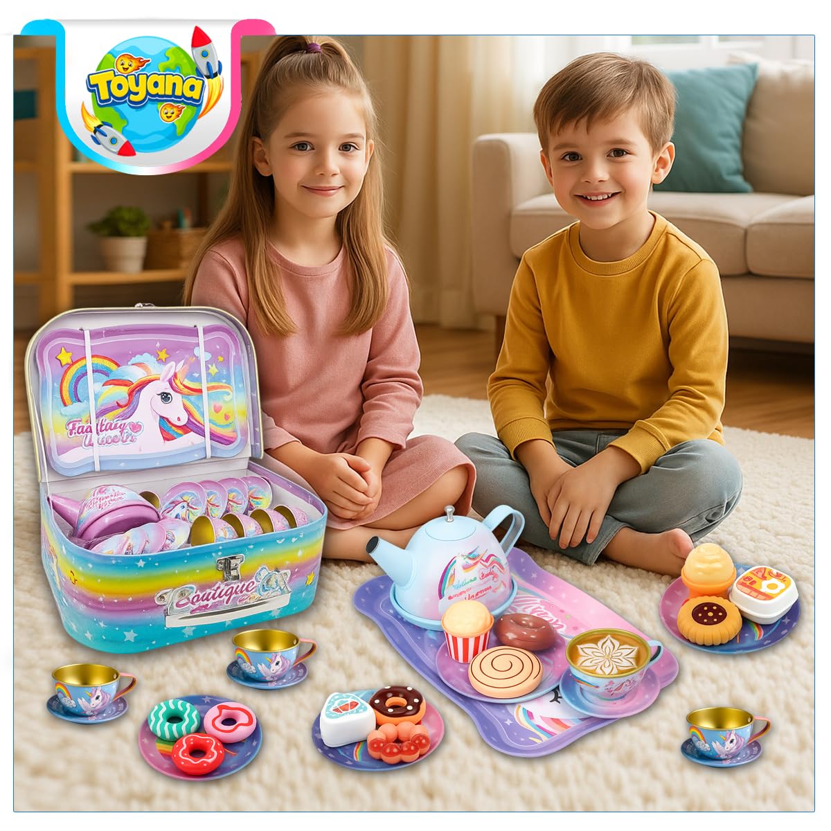 Toyana 27 PCs Kids Unicorn Tea Set in Metal Carry Case, Pretend Play Tea Party Playset, Realistic Teapot, Cups - Image 4