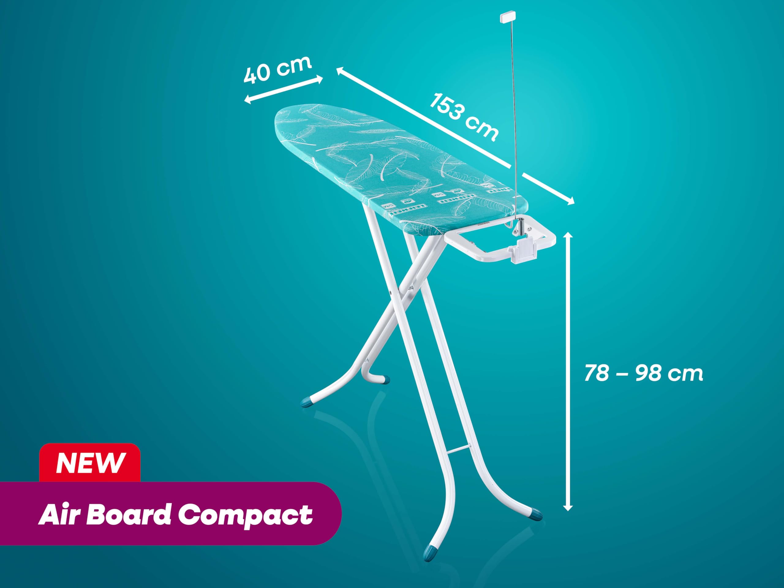 Leifheit Tabla de Planchar Air Board M Compact, Thermo-Reflect | Superficie 120 x 38 cm, altura regulable 78-98 cm, ultraligera, plegable, soporte para plancha y cable integrado
