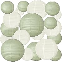 Partiazy 20pcs Sage Green & Ivory Paper Lanterns - Round Hanging Decor for Weddings, Parties, Bridal Showers, Birthdays & Rustic Home - 6/8/10 Inch Reusable Set