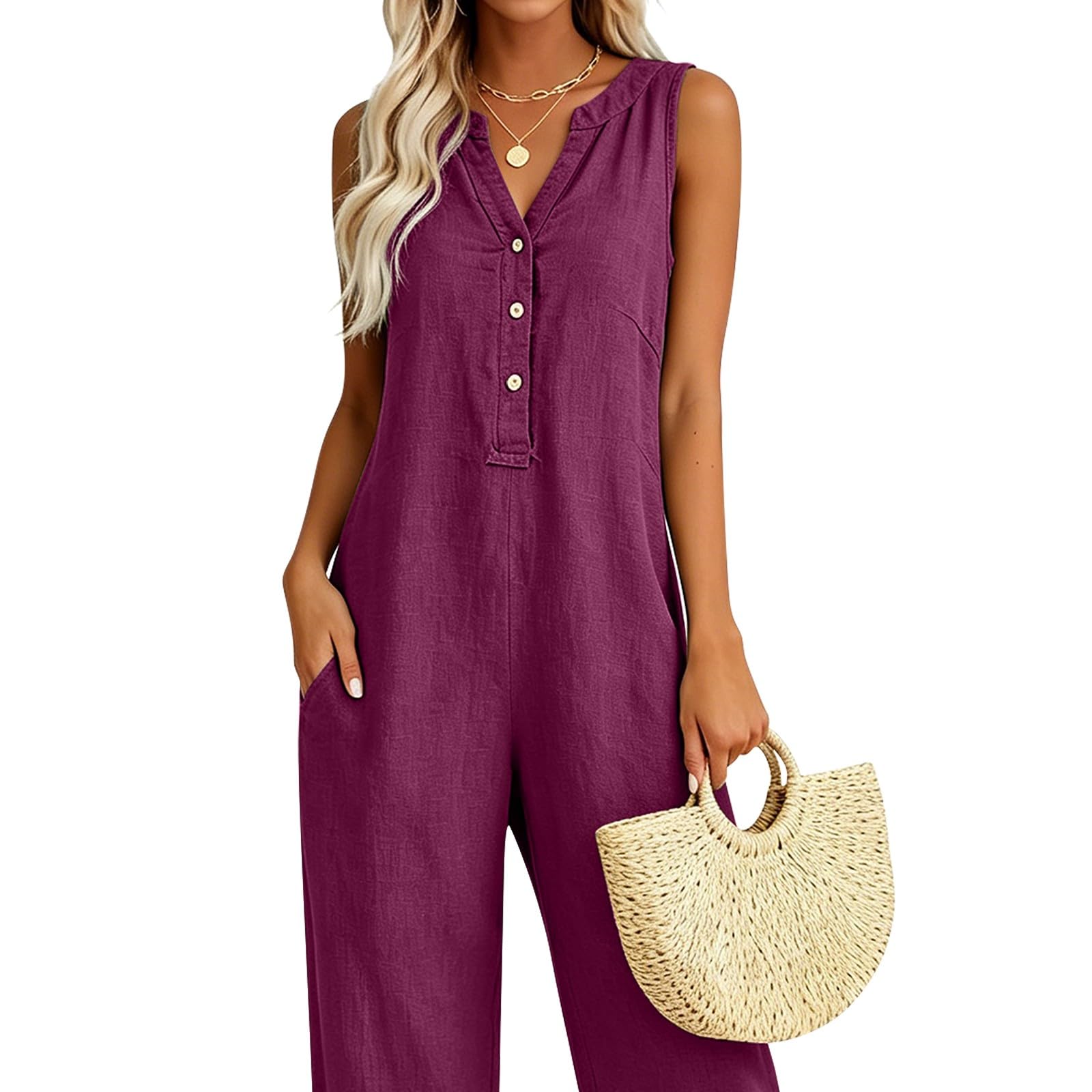 Tuta estiva da donna, in lino, senza maniche, con tasche | Tuta con pantaloni a gamba larga, elegante scollo a V, tuta intera in mussola, casual, per le vacanze