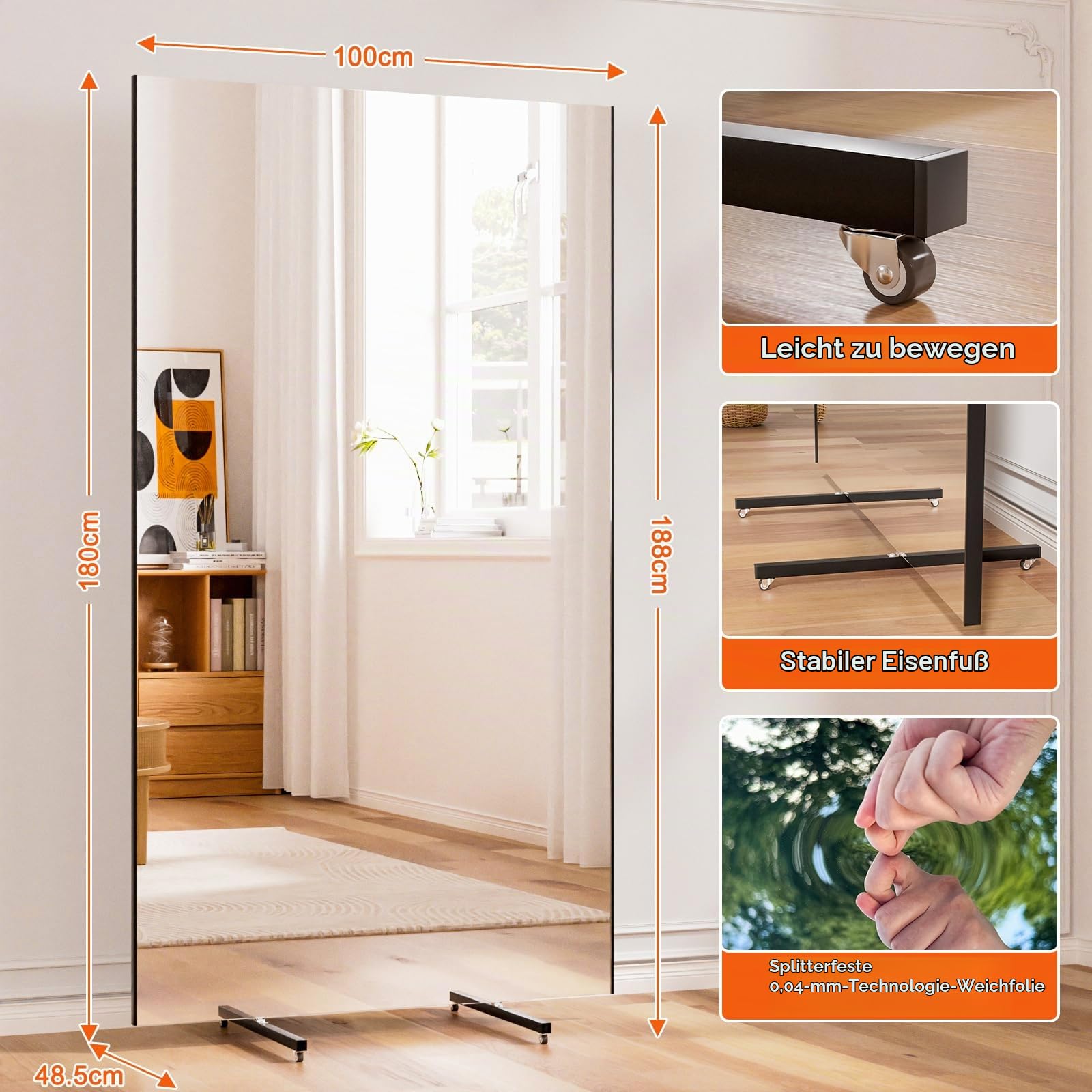 brisafe Glasloser Ganzkörperspiegel 180x100cm, Drehbar, Bruchsicher Schwarz | Leichter Standspiegel mit Rollen, mobil fahrbar; für Fitnessstudio, Tanzstudio, Yoga, Boutique und Home Gym