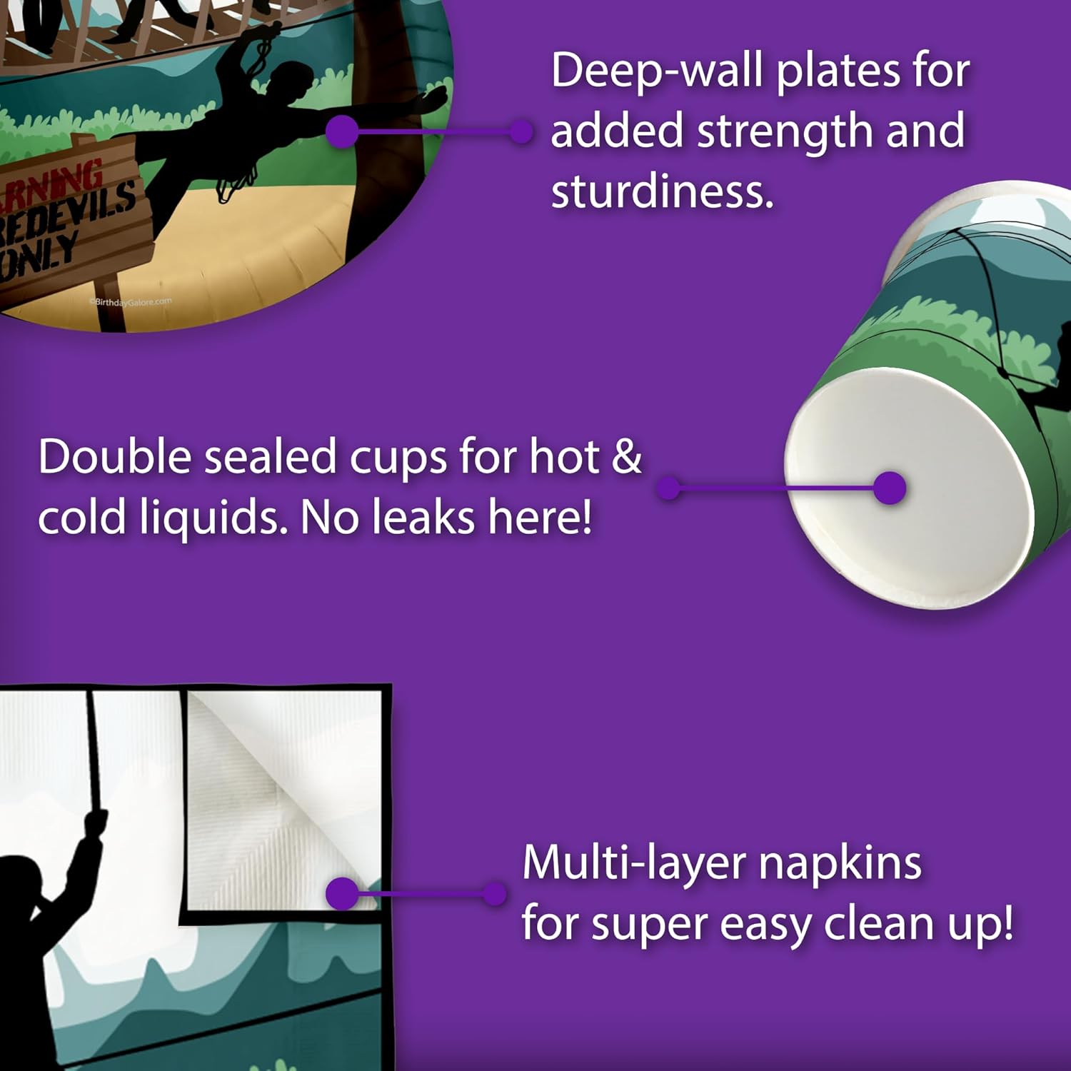 Zip Line Birthday Party Supplies - Ropes Course Adventure Birthday Supplies - Tableware Set Includes Plates Napkins Cups - Kit for 16 - Image 5