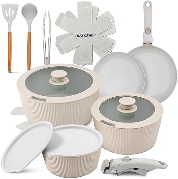 NutriChef Ceramic Pots and Pans Set with Detachable Handles   18-Piece Stackable Non-Stick Cookware, Oven Safe, PTFE-Free, Space-Saving Cookware for Modern Kitchens, Cream