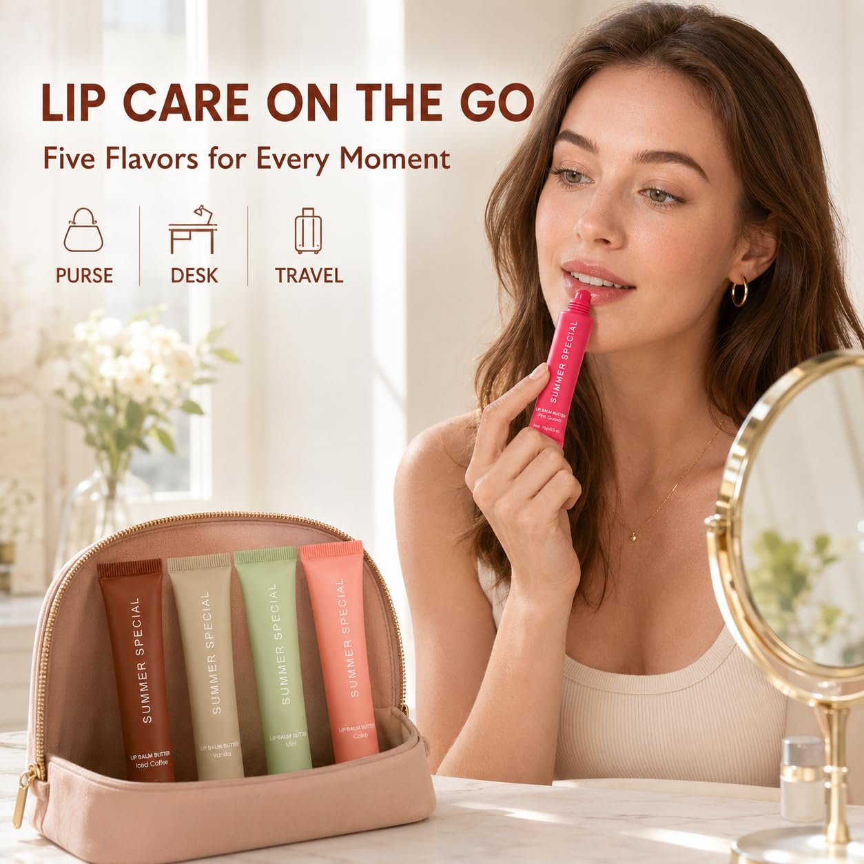 5 Pack Summer Special Lip Balm Butter Set, Tinted Lip Gloss for Women | Shea butter and avocado oil formula in vanilla, mint, iced coffee, cake and pink guava scents for smooth non-sticky shine