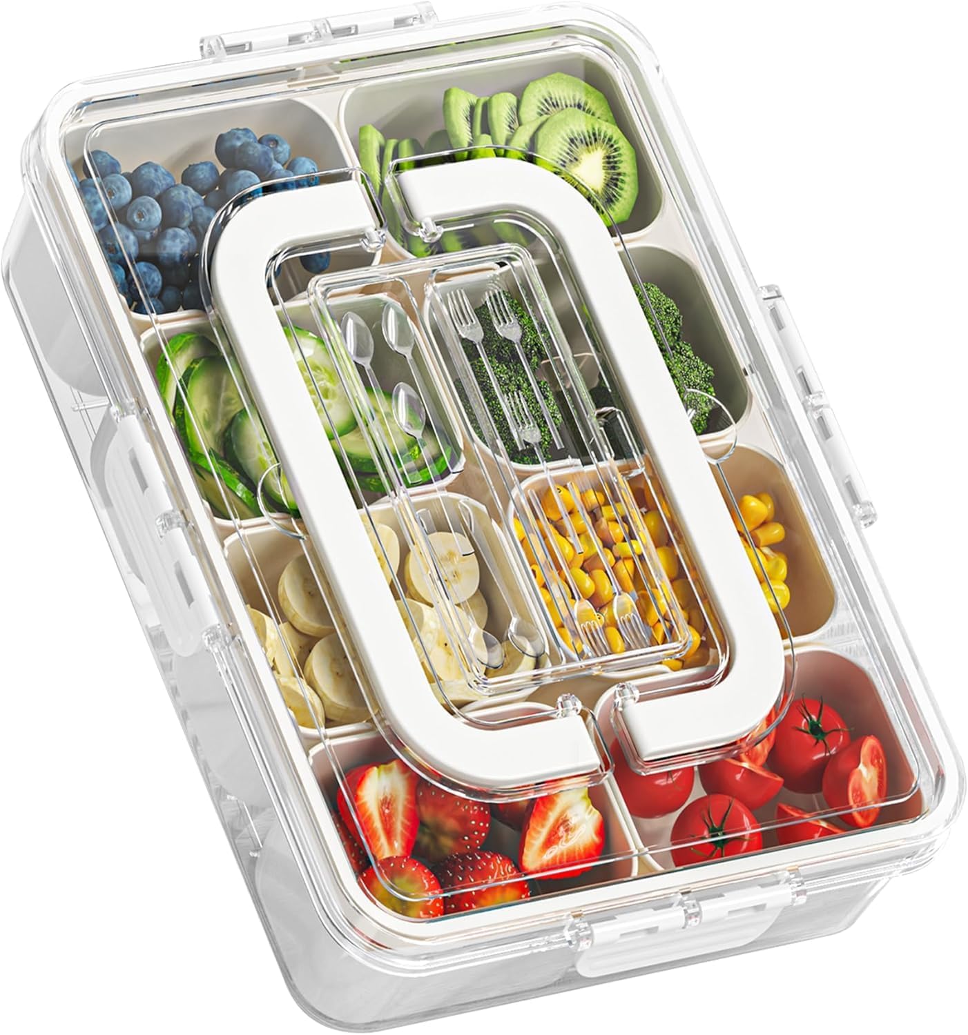 Snackle Box Container with Cutlery Compartment,Large Divided Serving Tray with Lid and Handle,Travel Snack Box, Multi-Purpose Food Platter for Charcuterie Veggie Fruit Movie Night Beach Picnic White 11.81" L*8.85"W-1pcs-8 Compartments-Square handle