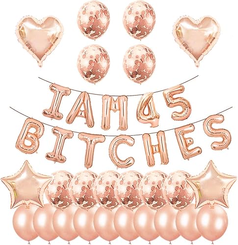 Juego de fiesta de cumpleaños número 45, con texto en inglés "I am 45 Bitches" (Soy 45 Bitches), globos de confeti de oro rosa para niñas y mujeres,