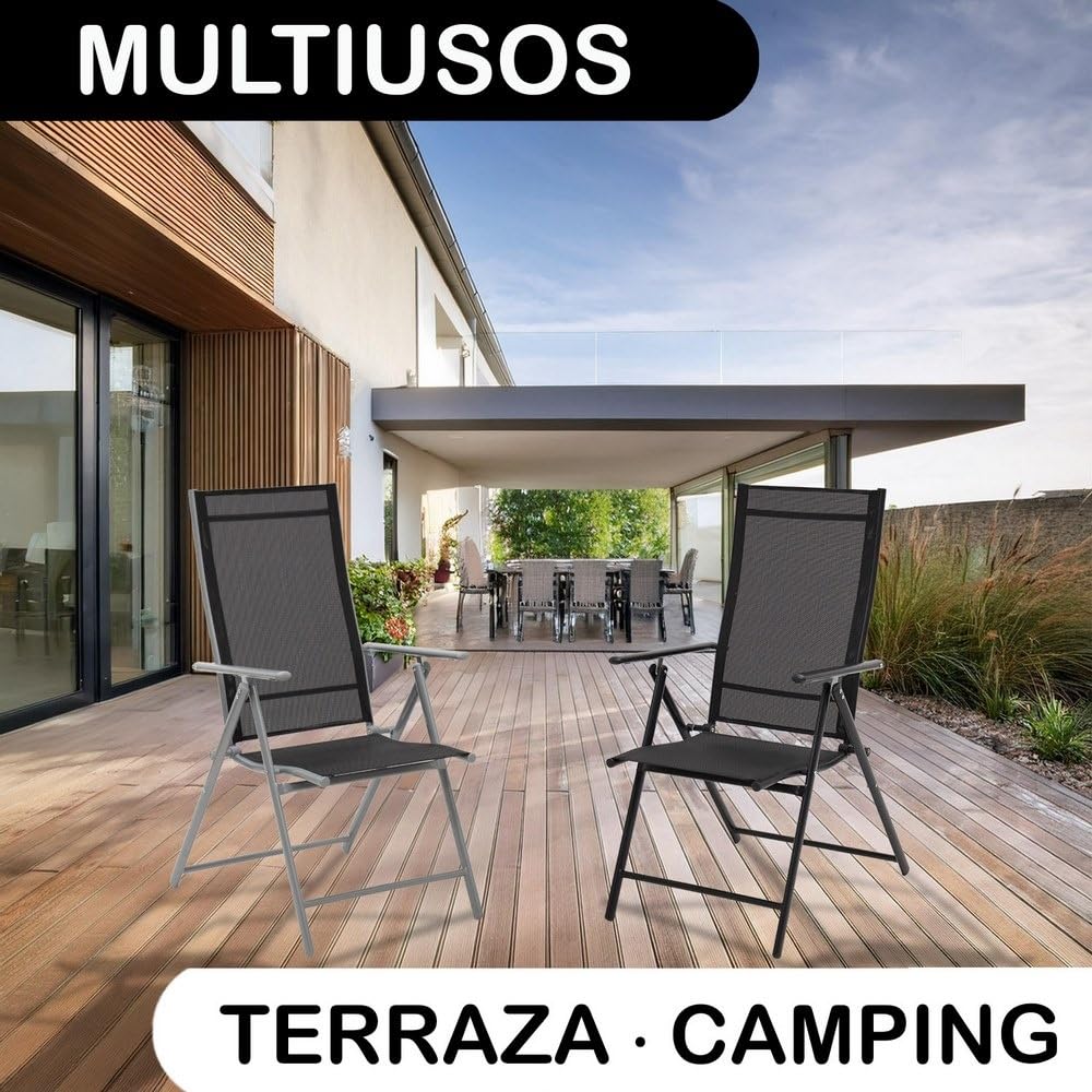 LOLAhome 2 sillas Camping jardín y terraza Plegables y reclinables de 7 Posiciones de Acero Gris con Epoxi anticorrosión y textileno Reforzado Negro