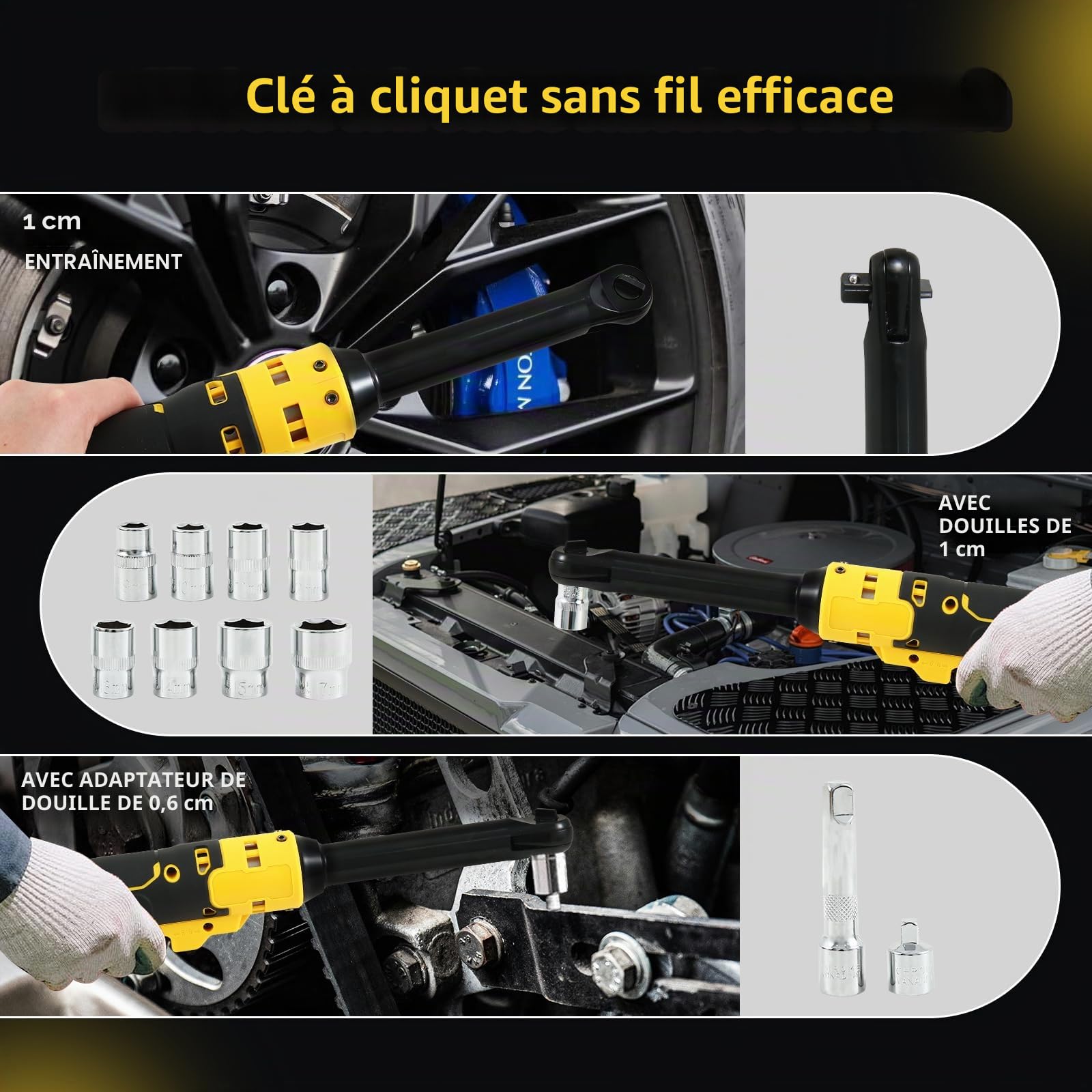 Clé à cliquet électrique sans fil étendue de 3/8" compatible avec batterie Dewalt 18 V 20 V, clé à cliquet 320 tr/min 80 N.m avec tête de 15,2 cm et lumière LED, avec 8 douilles et adaptateur 6,35 mm