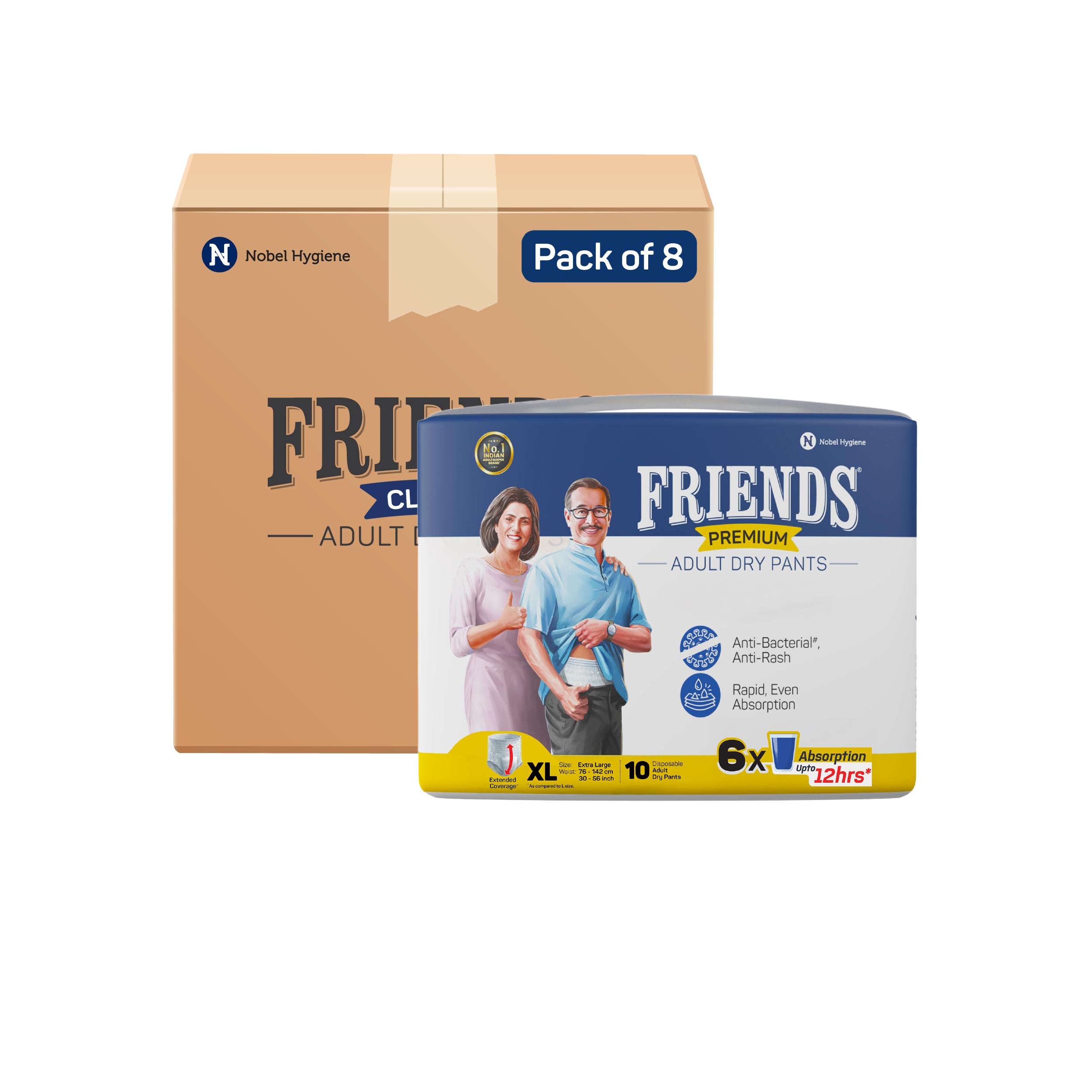 Friends Premium Adult Diapers Pant Style | 80 Count (X-Large) | Waist 30-56 inch; 76-142 cm with odour lock | Unisex | Leakproof | Elastic Waist and Anti-Bacterial Absorbent Core
