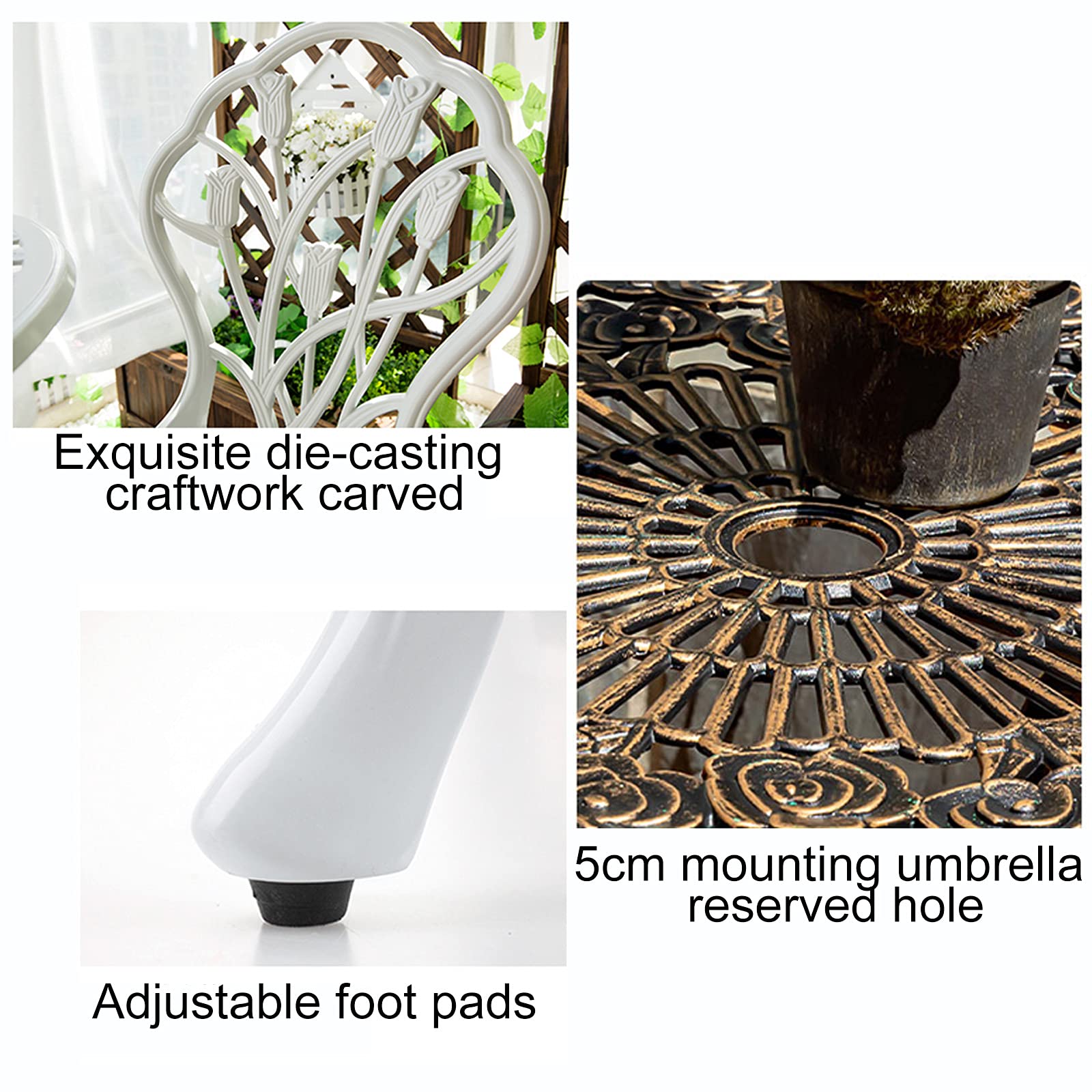 3 Pezzi Set da Bistrot con Design a Tulipano - Set Mobili da Giardino in Alluminio Pressofuso Set Tavolo e Sedie da Giardino Resistenti alle Intemperie con Foro per Ombrellone