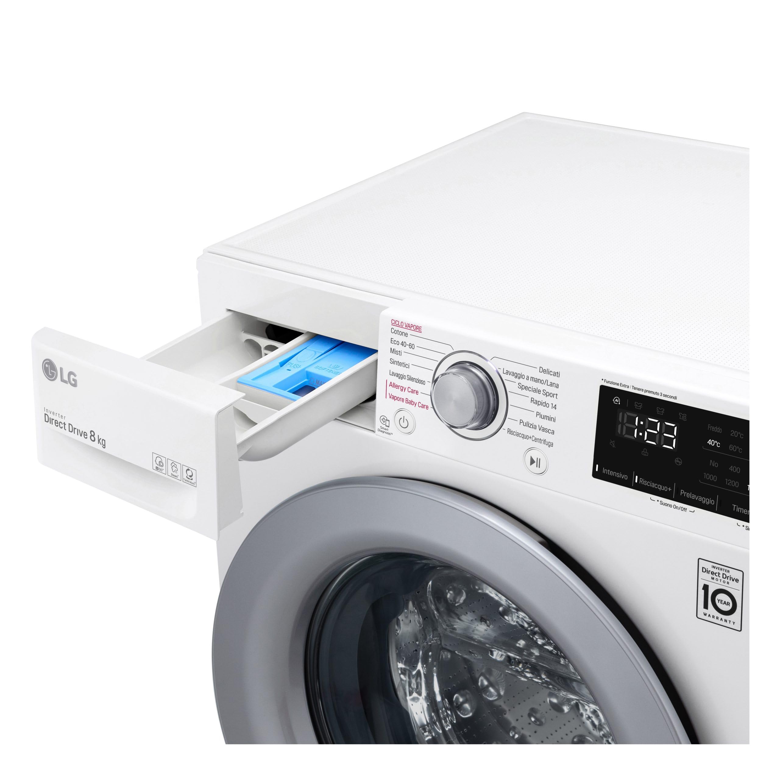 LG AI DD F2WV3S7S4E Lavatrice Slim a Carica Frontale 7 kg, 1200 giri/min, Serie V3, Lavaggio a Vapore, Motore Inverter Direct Drive, Smart Diagnosis, Libera Installazione, Bianca