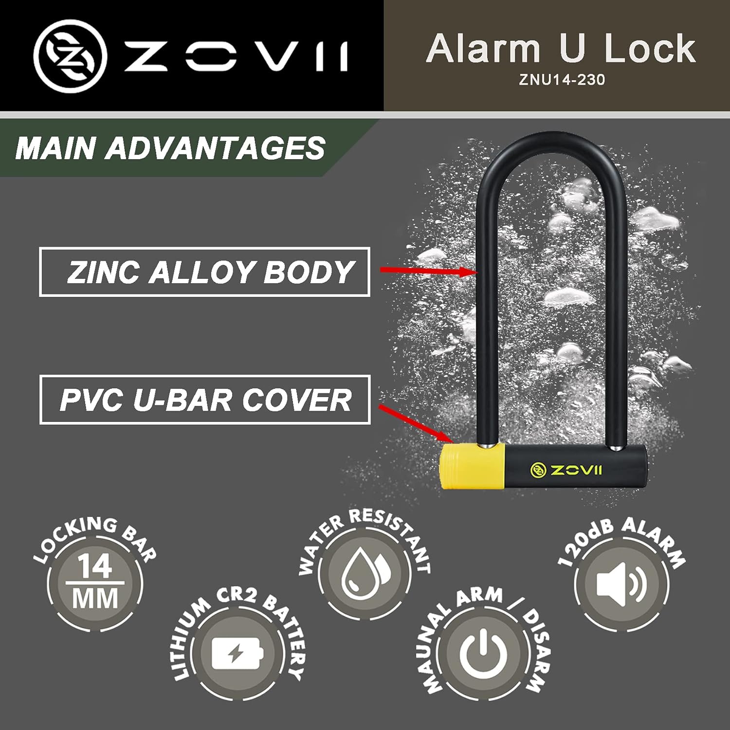 Alarm U Lock Anti Theft Carbide-Reinforced Steel 14mm 230mm Length U-bar Lock with Alarm Selection for Motorcycle Bike eBike Glass Door