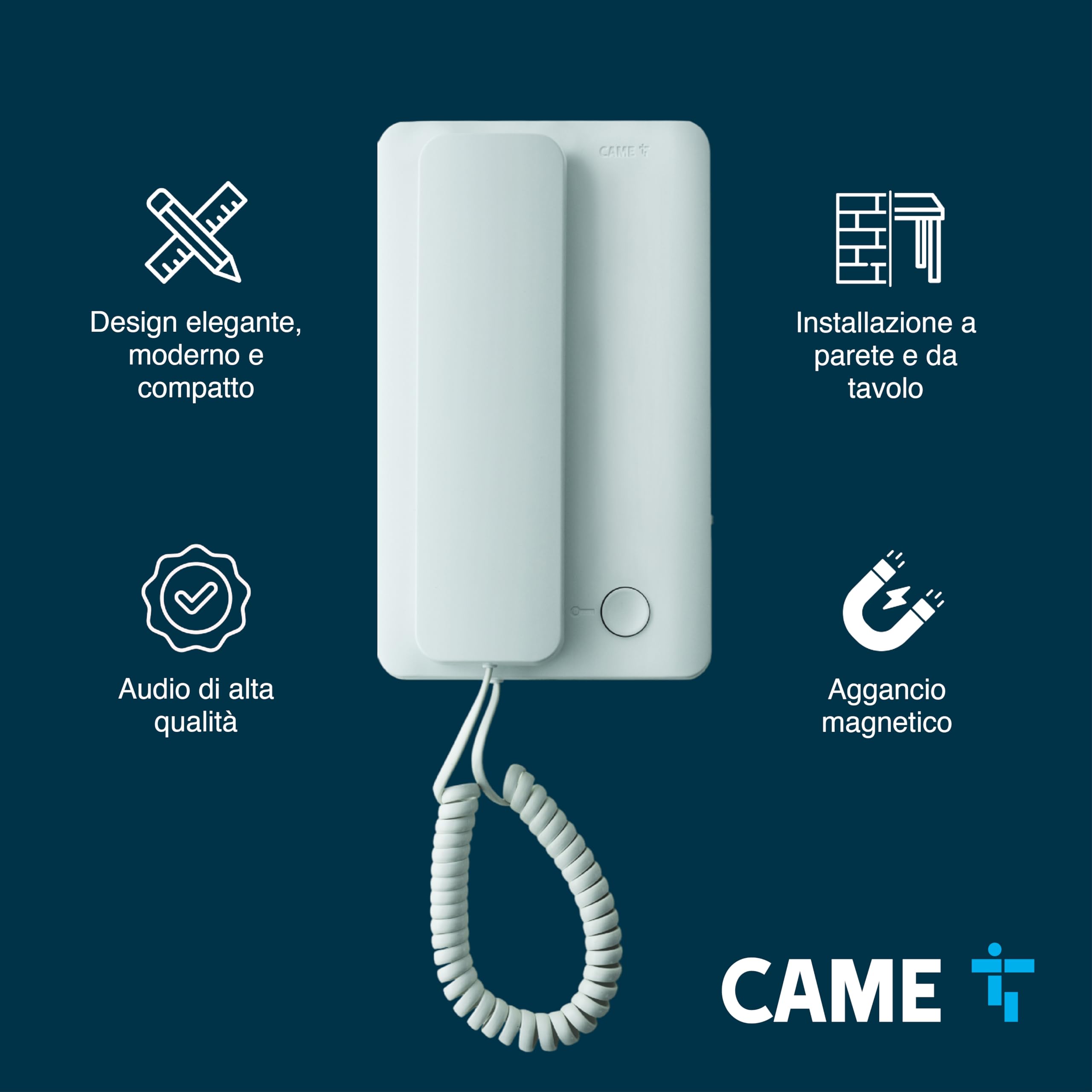 CAME Kit Citofonico AGT monofamiliare espandibile, completo di citofono interno a cornetta bianco AGT A200, unità esterna grigia HA/200, placca citofonica a un pulsante, base da parete, alimentatore