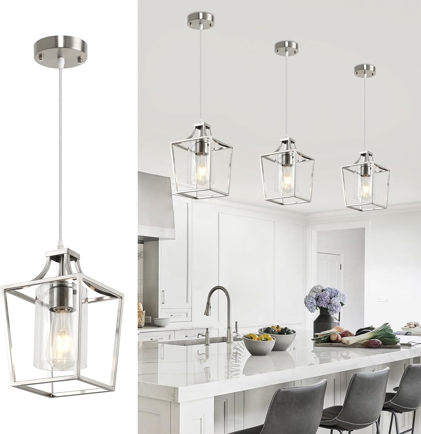 foucasal Lantern Pendant Lights Brushed Nickel Pendant Lights for ...
