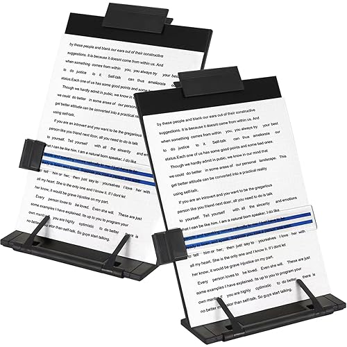 OSPNIEEK 2 Pack Desktop Document Holder Stand with 7 Adjustable Position, Black Metal File Organizer Copyholder for Typing Speech Reading A4 Letter Music Book Tablet Office, with Paper Clip Line Guide