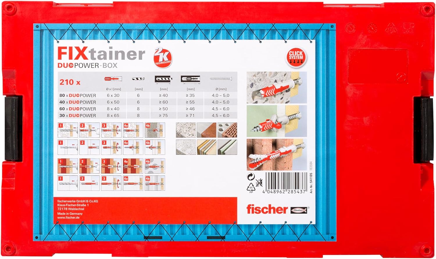 fischer 541105 FIXtainer-Die Tiefenbiss-Box, Universaldübel, Dübelset, 210 Teile NV, Duopower Dowel Short/Long, Set of 210 Pieces