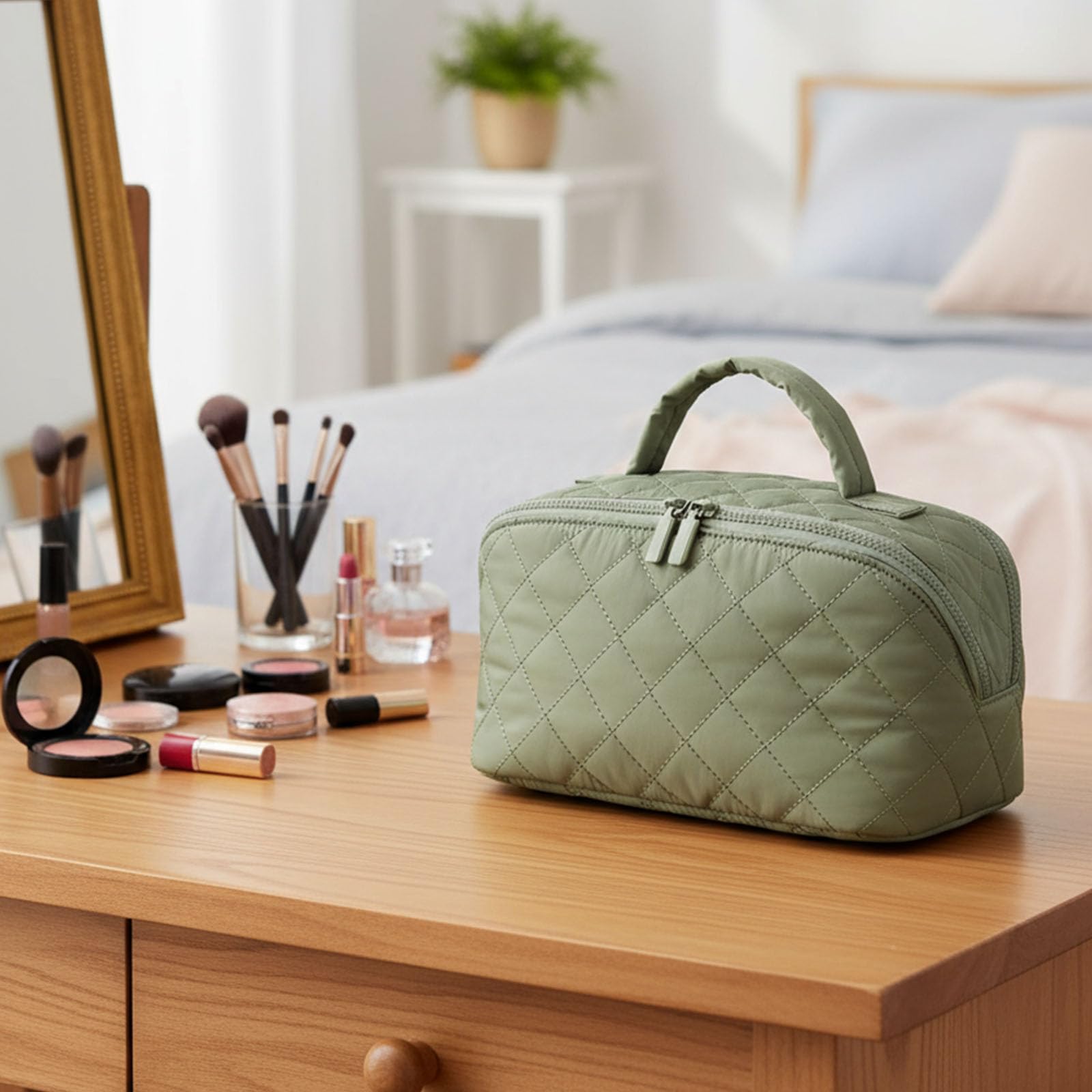 Reise-Make-up-Taschen-Set, 2-teilig, großes Fassungsvermögen, wasserdicht, Kosmetik-Organizer mit Pinselfach und Griff, gesteppter Kulturbeutel, lässt sich flach öffnen, für Damen