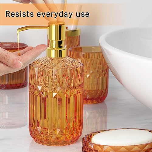 Miniatura 5 de Juego de 5 accesorios de baño naranja de alta calidad, moderno organizador de tocador de cristal para decoración de baño, dispensador de jabón de