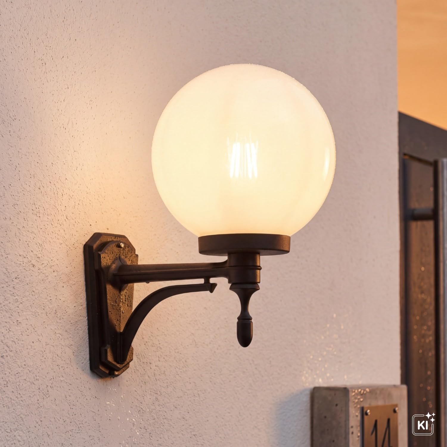 Licht-Erlebnisse Hoflampe Schwarz Weiß Kugelschirm IP43 Vintage E27 NINETTE Außenleuchte Wand Hauseingang Terrasse