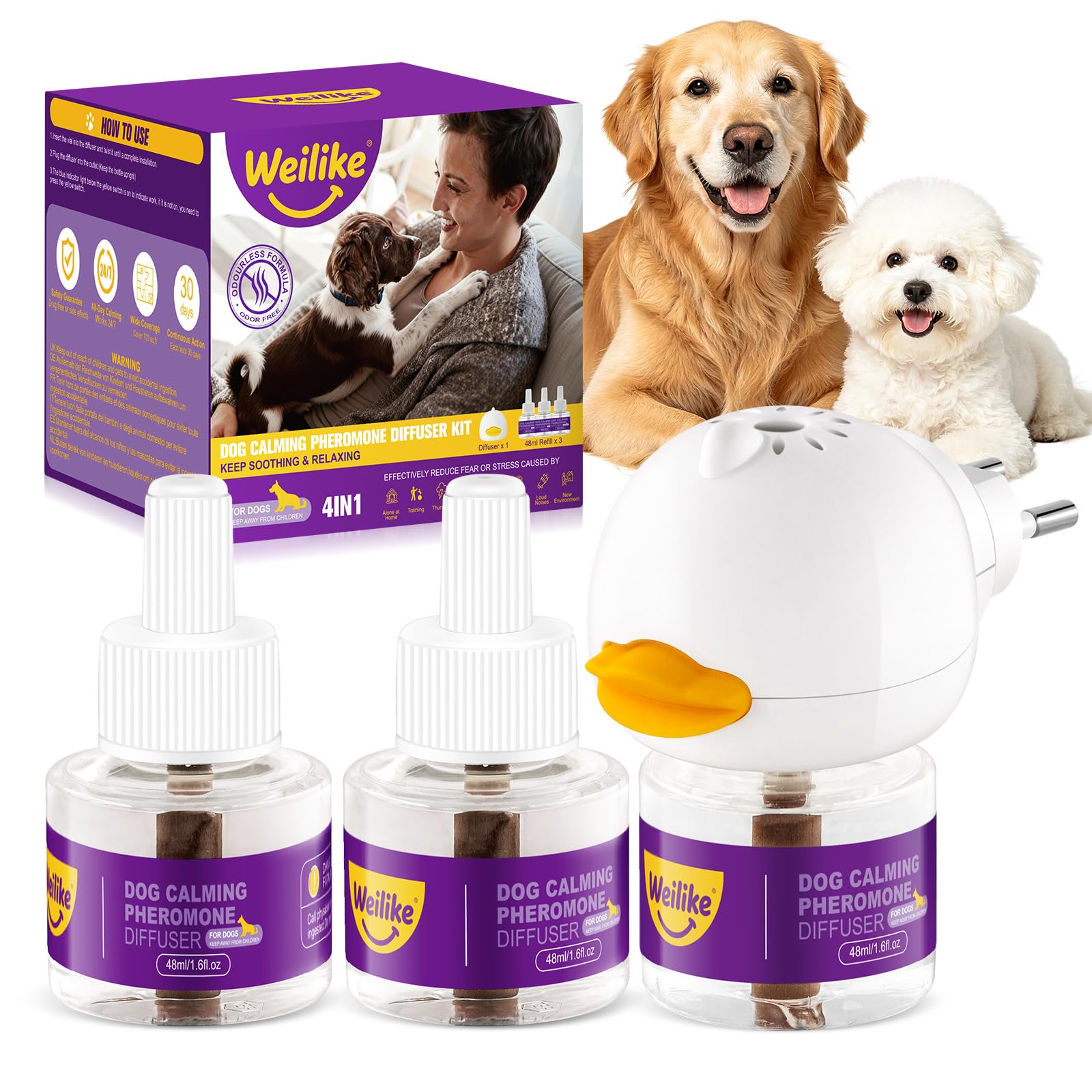 Difusor de Feromonas Relajantes para Perros,Alivio Natural de la Ansiedad,Reduce el Estrés y Favorece la Relajación,Fórmula Segura y Eficaz,3 Recambios (3 Ricariche+1 Diffusore)
