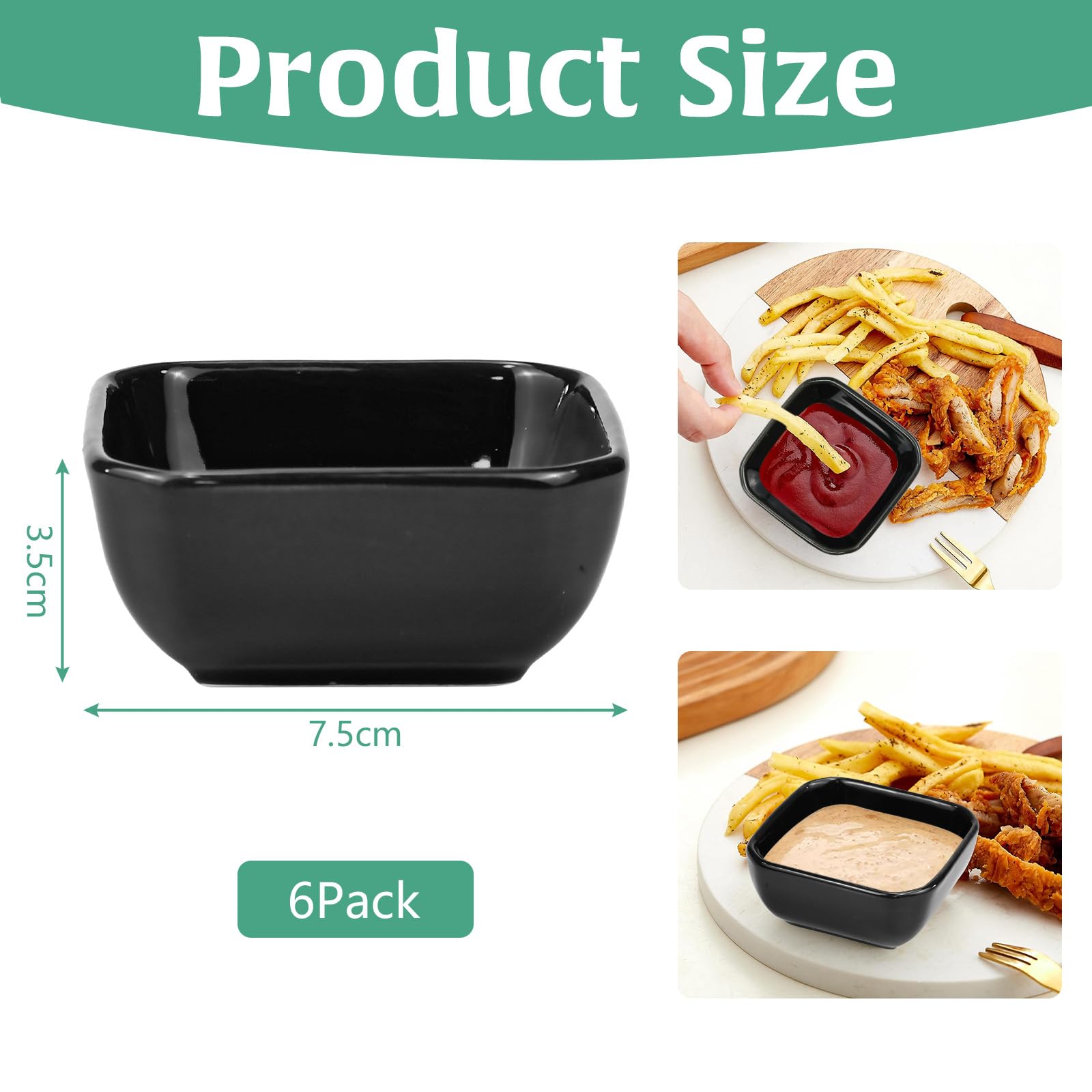 HEKOBAG Set di 6 Pezzi Ciotole per Salse Quadrate Ciotoline per Aperitivo Ciotole per Spezie Piccola Ciotole in Ceramica Piccolo Ciotola per Immersione per Salse, Snack, Dessert, Sushi