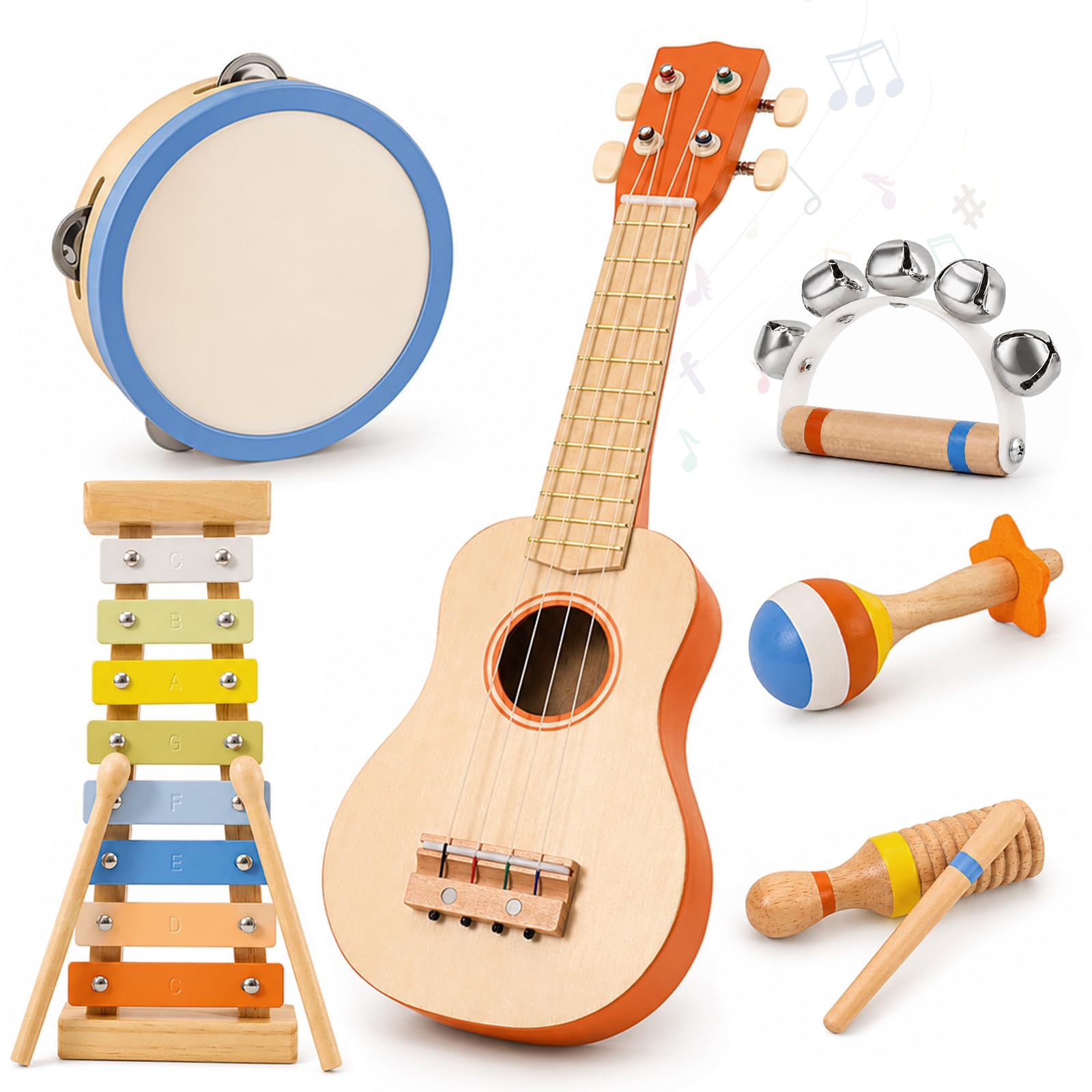 Montessori zestaw gitarowy dla dzieci, 6 w 1, drewniane instrumenty muzyczne dla małych dzieci w wieku od 2 do 3 lat, z ukulele, ksylofonem, tamburynem i marakasami, na urodziny dzieci od 2 lat