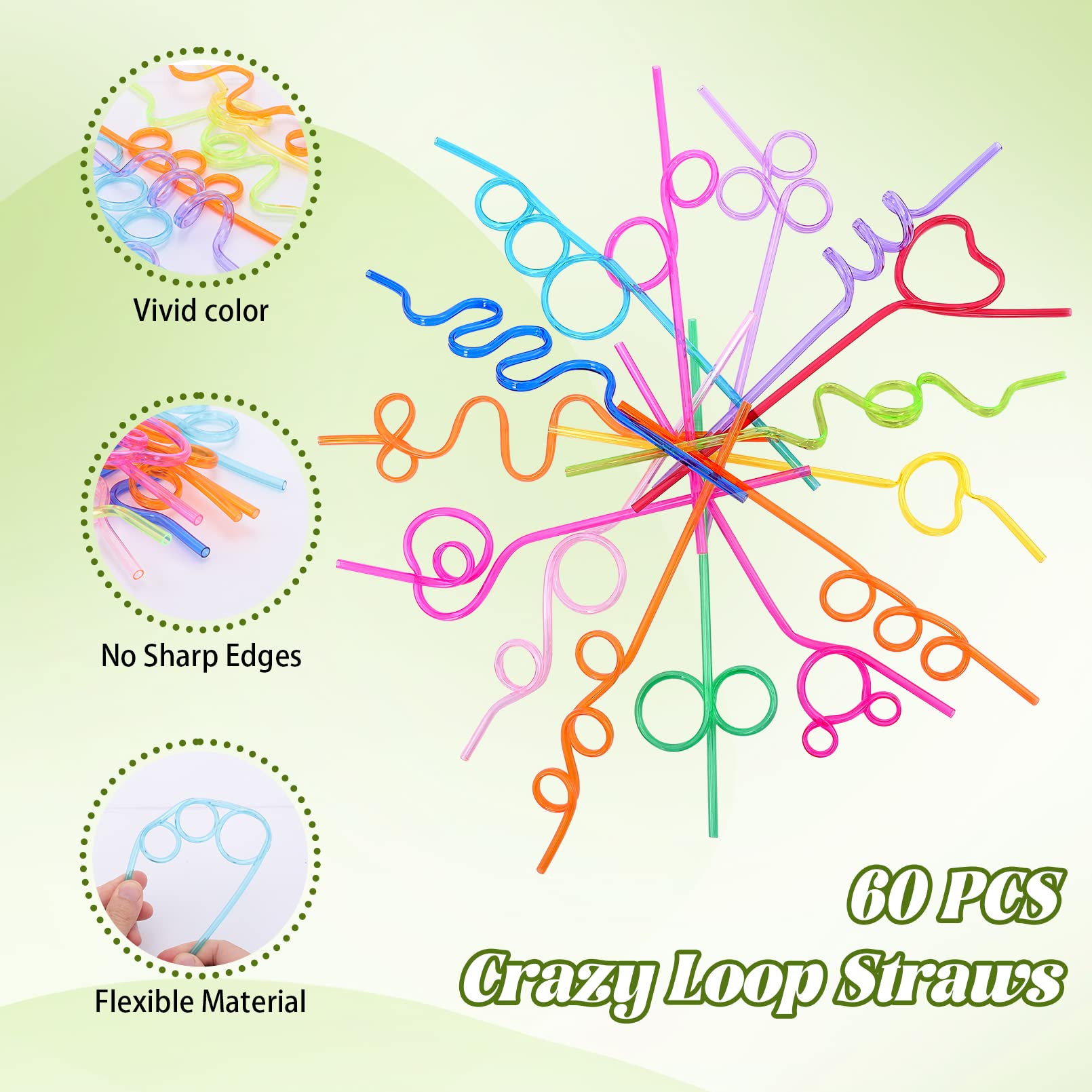Rxdotrde 60pcs Crazy Straws,Silly Straws for Kids,10 Different Designs Silly Colorful Drinking Straws,Reusable Plastic Crazy Loop Straws,Fun Varied Twists Straws for Kids,Birthday Party,Carnival